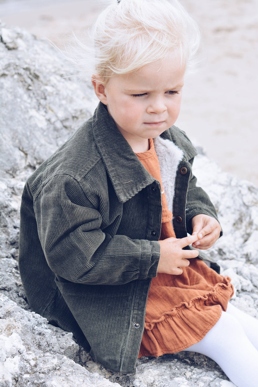 Baby / Kids Snap Buttoned Khaki Corduroy and Faux-fur Jacke
