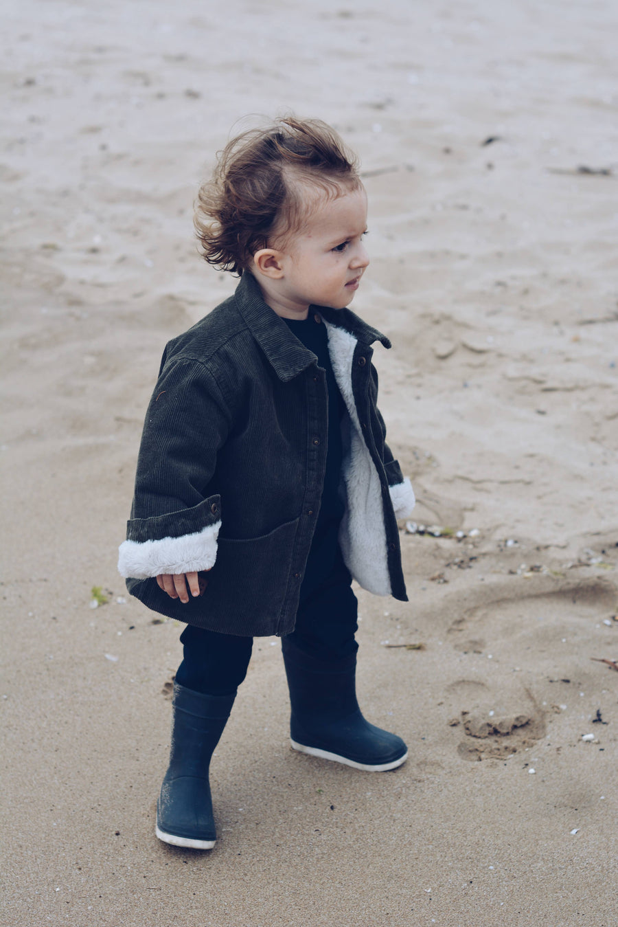 Baby / Kids Snap Buttoned Khaki Corduroy and Faux-fur Jacke